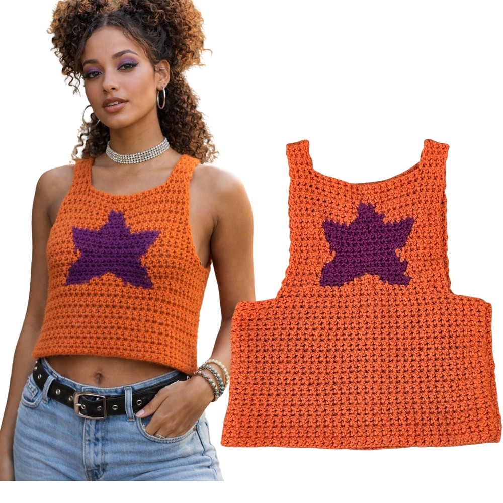 Handmade Crochet Y2k‎ 90's Tank Top Orange Purple Star Boho Festival Knit Medium